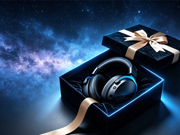 Black gift box with gold ribbon bow containing over-ear headphones with blue accents, displayed against cosmic starry blue background with atmospheric lighting effects.