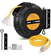 SURAIELEC 12 Gauge Retractable Extension Cord Reel, 50 FT 12 AWG/3C SJTOW Heavy Duty Power Cord, ...