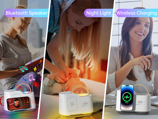 Text: 'Bluetooth Speaker', 'Night Light', 'Wireless Charging'. Three-panel product demonstration showing device features with illuminated orange glow in center panel.