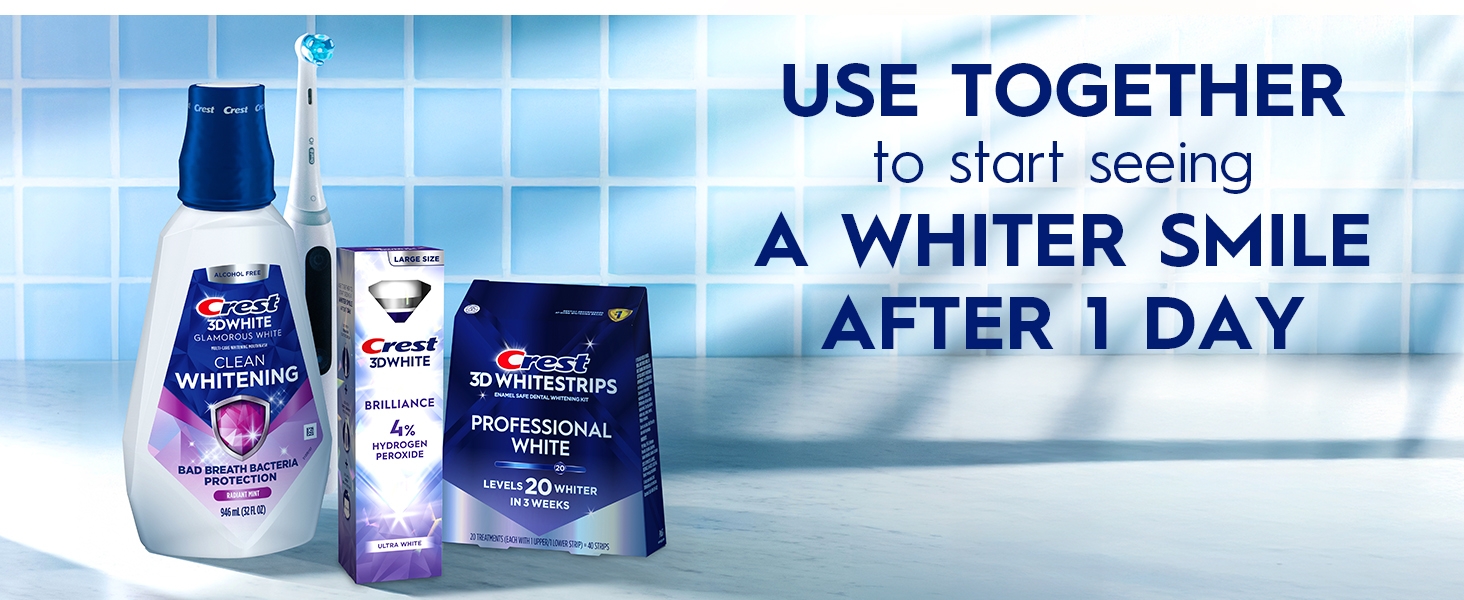 Crest 3DWhite oral care products on a bathroom counter. Use together for a whiter smile after 1 day.
