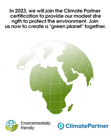 Text reads 'In 2023, we will join the Climate Partner Community to work together right to protect the environment. Join us now to create a "green planet" together.' Green globe illustration with Environmentally Friendly and ClimatePartner logos.