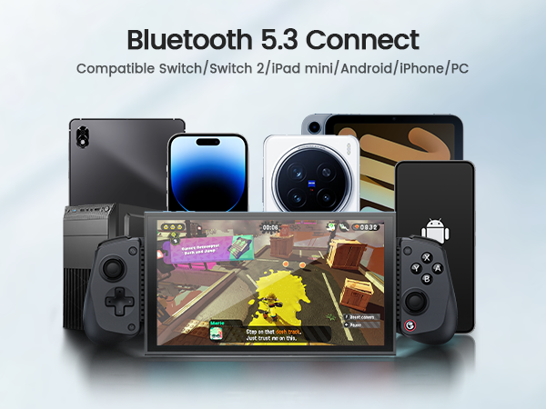 Text reads 'Bluetooth 5.3 Connect' and 'Compatible: Switch/Switch 2/iPad mini/Android/iPhone/PC'. Mobile gaming controller attachment shown with smartphone displaying gameplay.