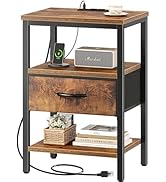 SUPERJARE Nightstand with Charging Station, Bed Side Table with Adjustable Fabric Drawer, Night S...