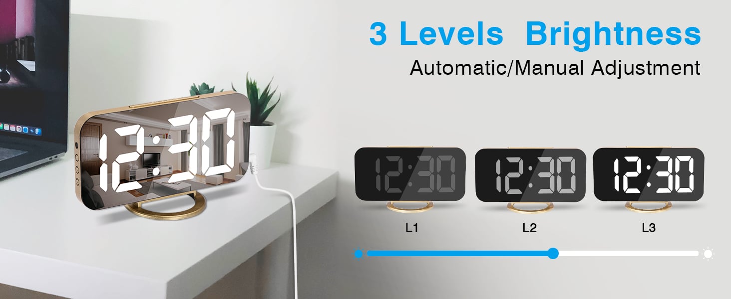 led mirror digital alarm clock for girl gold