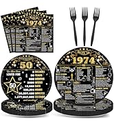 96Pcs 50th Birthday Plates and Napkins Back in 1974 Party Decorations Black Gold 50 Year Old Part...