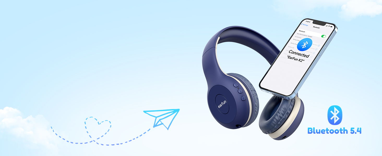 Wireless over-ear headphones with navy blue and light gray colors. Smartphone displays Bluetooth connection interface. Text indicates Bluetooth 5.4 compatibility.