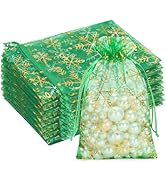 G2PLUS Christmas Drawstring Organza Bags 4x6-50PCS Christmas Snowflake Organza Gift Bags, Green S...