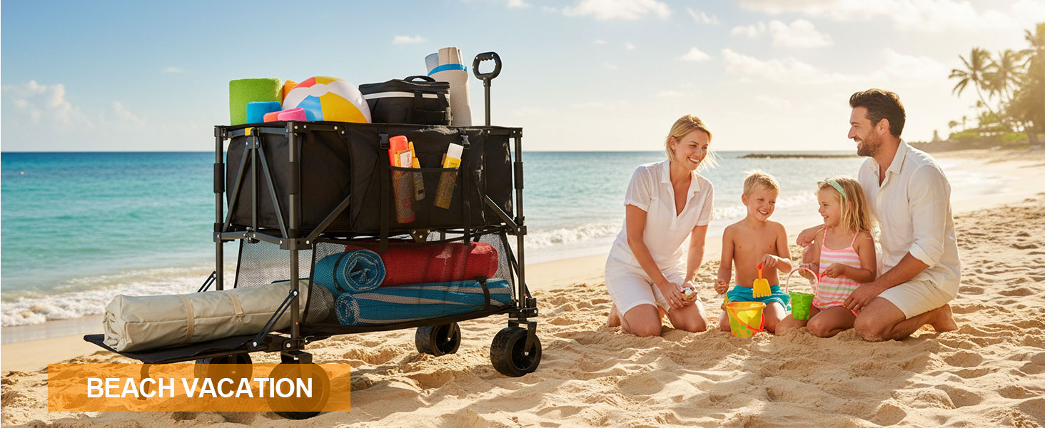 All-terrain beach wagon for sand with oversized wheels and double decker space for family trips