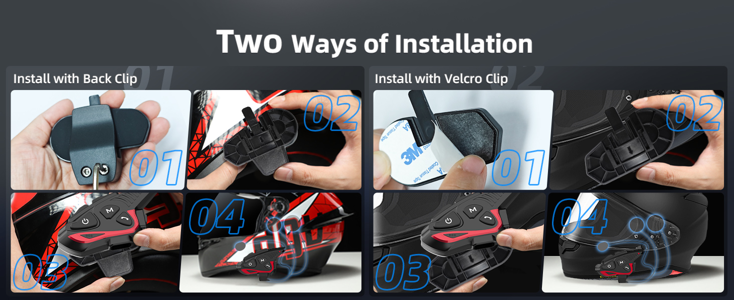 Step-by-step installation guide for a black device, showing two methods of attachment to a surface using adhesive strips or screws.
