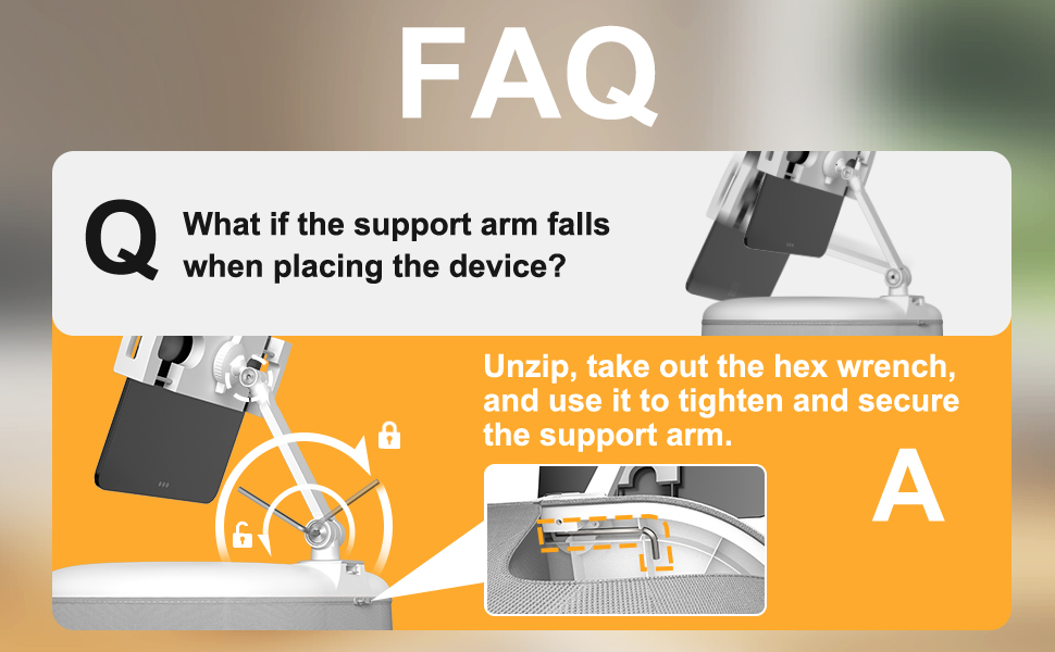 Unzip take out the hex wrench and use it to tighten and secure the support arm