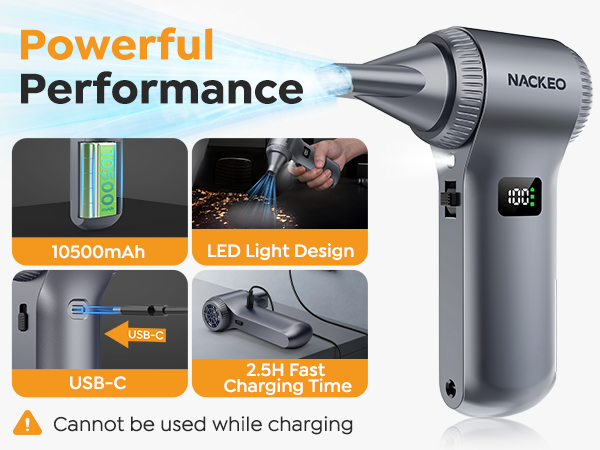 Text reads 'Powerful Performance', 'Cannot be used while charging'. Product images showing a handheld device with USB-C charging port and LED light design features.
