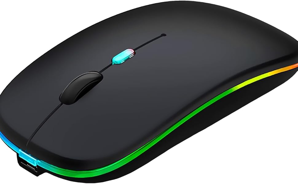 Slim black wireless mouse with colorful RGB lighting along the bottom edge and a glowing scroll wheel.