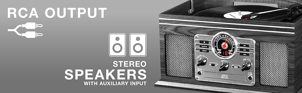 RCA Output for external speakers, stereo speakers with auxilary input