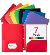 Aegero Plastic 3 Hole Punch Folders with Pockets (7 Pack, Assorted Colors), Fits 3-Ring Binder, D...