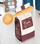 Totally Bamboo Coffee Scoop using bag clip to close coffee bag.