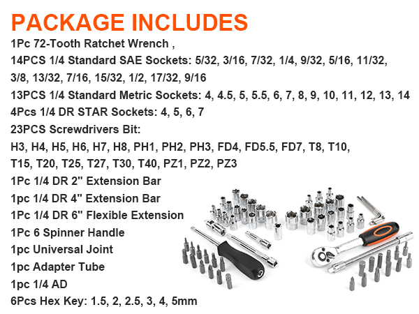 4Pcs 1/4 DR STAR Sockets,23PCS Screwdrivers Bit,1Pc 1/4 DR 2" Extension Bar