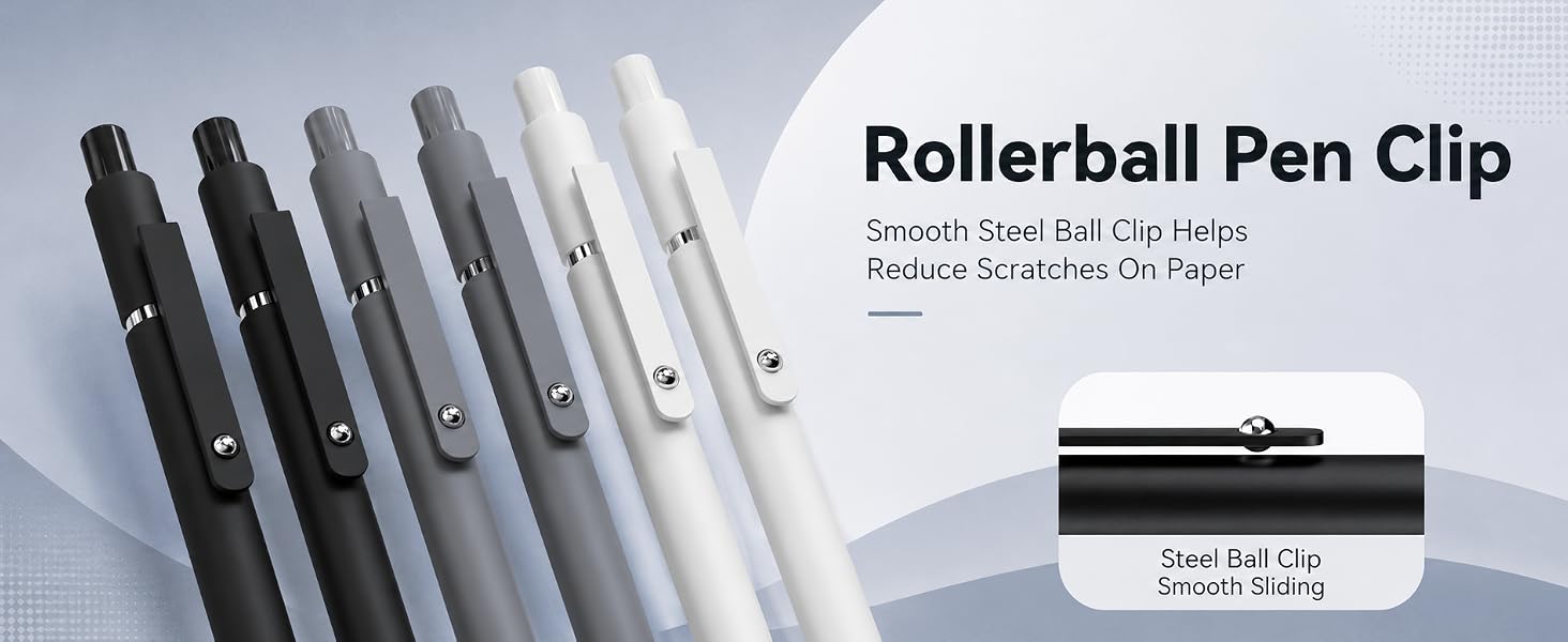 Gel pens with smooth steel ball clip, black gray and white barrels for notebooks and planners