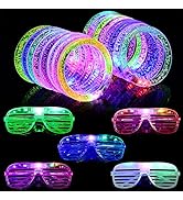 Illuminated LED bracelets in multiple colors (pink, green, purple, blue) and light-up shutter shades sunglasses in various neon colors.