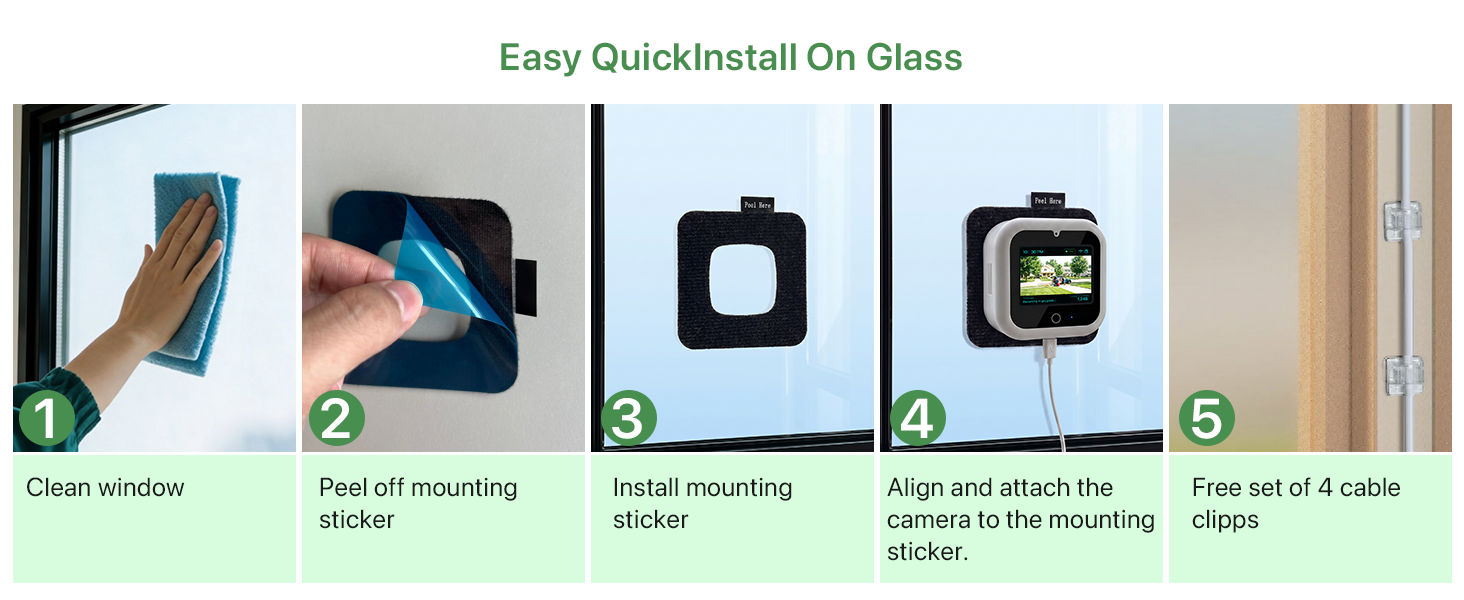 Text reads 'Easy Quickinstall On Glass' with numbered steps 1-5 showing installation process: clear window, hold and mount sticker, insert mounting bracket, align and attach device, seal with cable organizer.