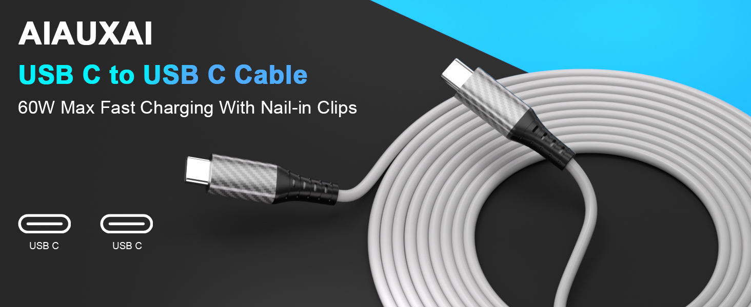 Text reads 'AIAUXAI USB C to USB C Cable'. Product shots of a white USB cable against dark backgrounds with technical specifications visible.