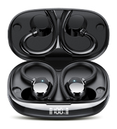 Wireless earbuds in black color, displayed in an open charging case. Earbuds have an over-ear hook design for secure fit.