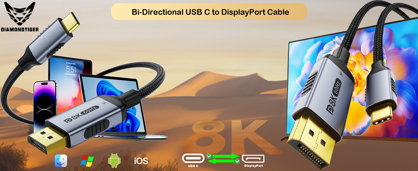 Bidirectional usb c to displayport cable