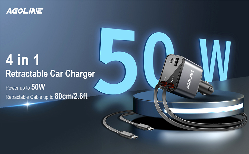 4 in 1 Retractable Car Charger with 2 Type C retractable cords