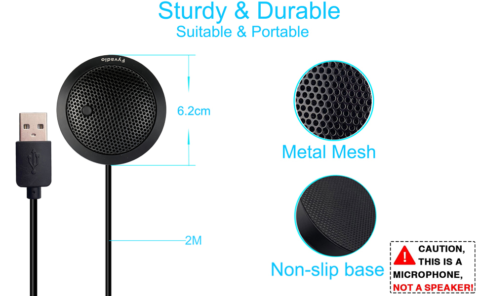 Text reads 'Sturdy &amp; Durable, Suitable &amp; Portable, Metal Mesh, Non-slip base'. Technical diagram showing USB microphone specifications with 6.2cm head and 2m cable length.
