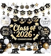 Graduation Decorations Class of 2026 Grad Party Supplies Set with Congrats Grad Black Backdrop Ba...
