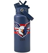 KEWIXY American Flag Insulated Water Bottle 32 oz, 2-in-1 Lid Straw &amp; Spout, Leak Proof, Keep Col...