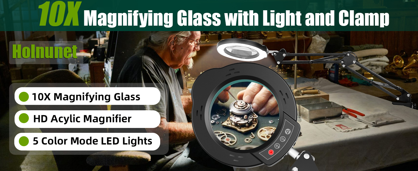 10X Magnifying Glass with Light and Clamp