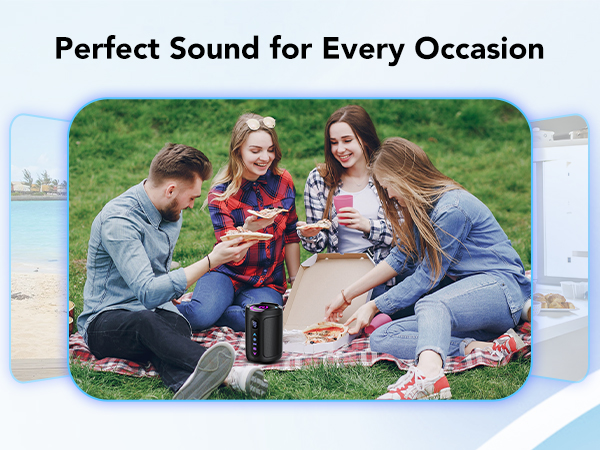 Text reads 'Perfect Sound for Every Occasion'. Multiple lifestyle photos showing people outdoors enjoying audio devices.