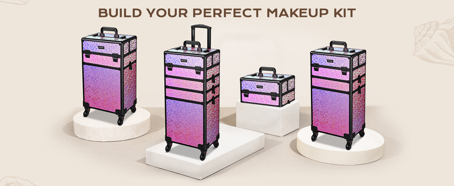 BYOOTIQUE Rolling Makeup Train Case 4in1 Cosmetic Trolley Organizer Travel Case
