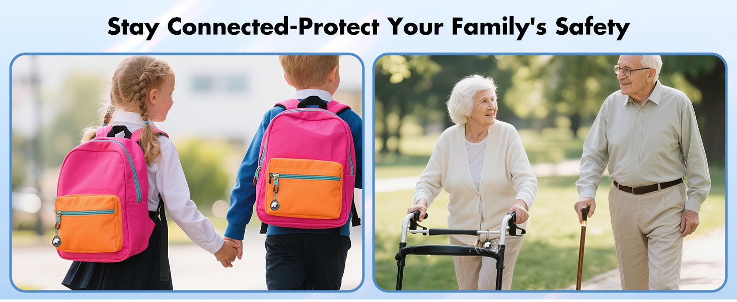 Split image promoting family safety: children with colorful backpacks holding hands, and an elderly couple walking outdoors, one using a mobility aid.