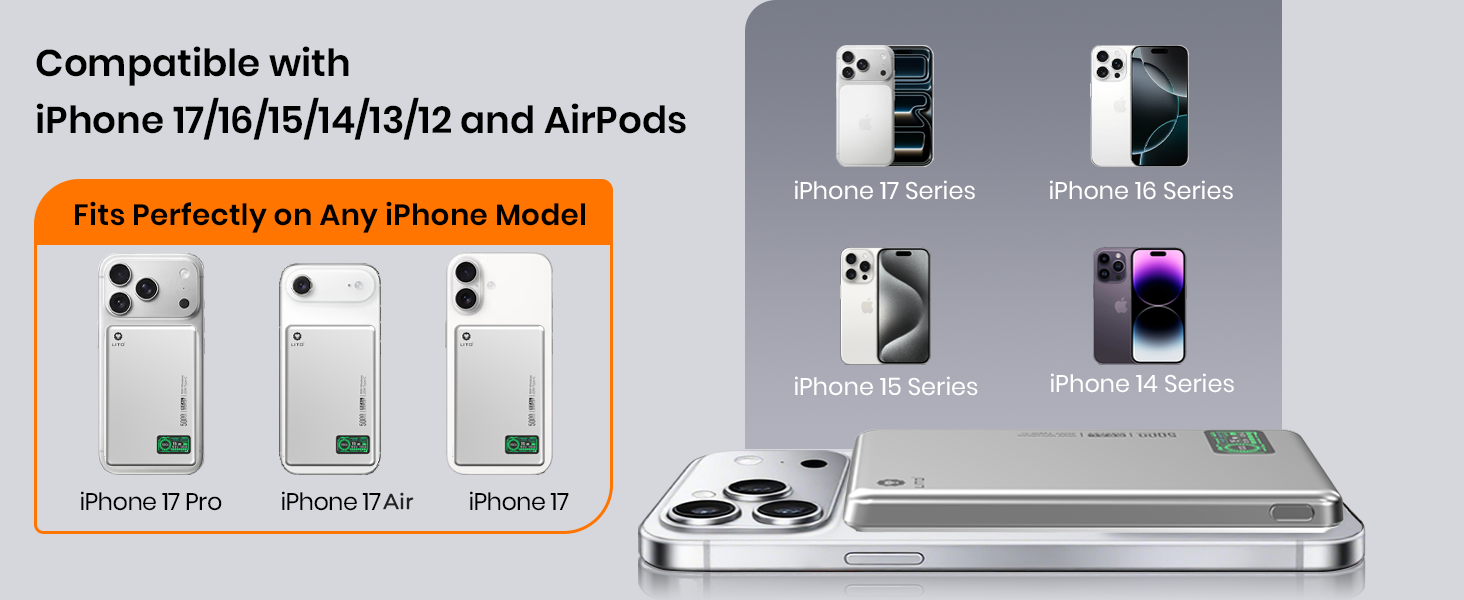 Magnetic power bank compatibility chart for iPhone 17 16 15 14 13 12 Pro Max Plus Mini and AirPods