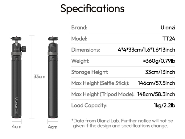 Specifications diagram showing product dimensions including 'Storage Height: 33cm/13inch', 'Min Height: 95cm/37.4inch', 'Load Capacity: 8kg/2.2lb'