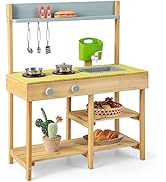 HONEY JOY Mud Kitchen, Fir Wooden Mud Table Play Kitchen for Toddlers, Running Water, Removable S...