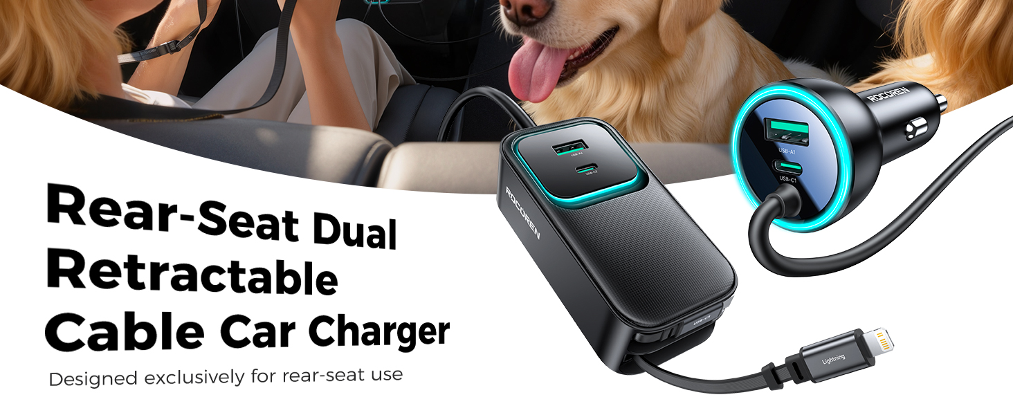 Text reads 'Rear-Seat Dual' and 'Retractable' and 'Cable car charger'. Multiple views of a car charging device with retractable cable system shown in vehicle interior setting.