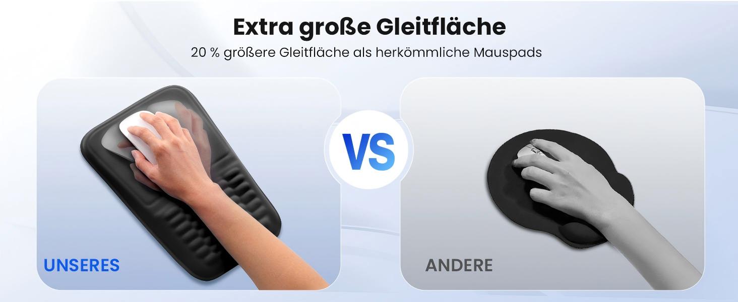 Text reads 'Extra große Gleitfläche' (Extra large gliding surface). Comparative images showing two computer mouse devices demonstrating gliding surface differences with hand gestures.