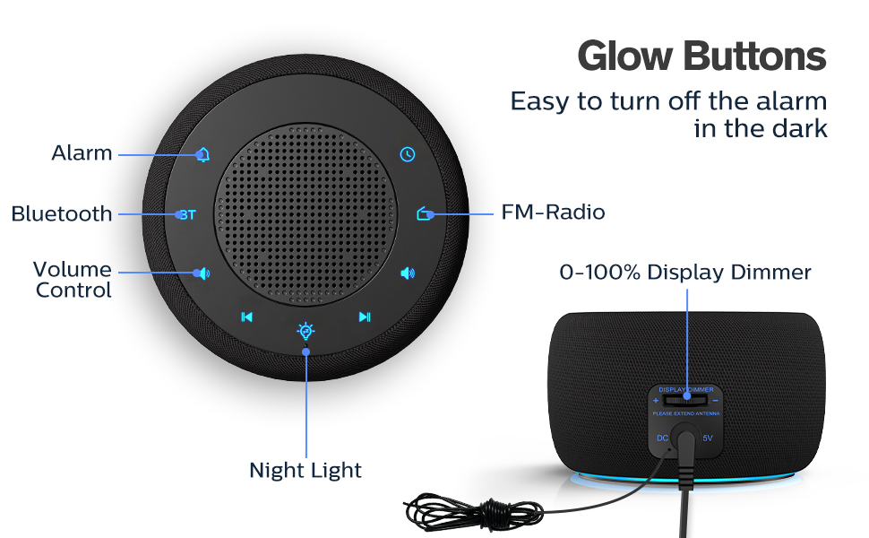 Glow buttons allow you to turn off the alarm in the dark easily.