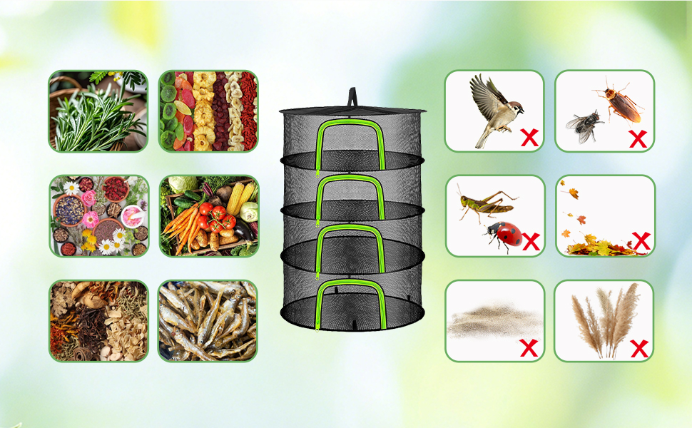 4-layer drying net: blocks pests/dust. Ideal for herbs, fruits, veggies, seafood for clean drying.