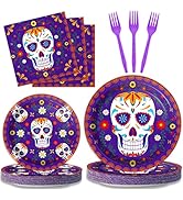 96 Pcs Day of The Dead Tableware Set Colorful Skull Marigold Decors Mexican Fiesta Theme Party De...