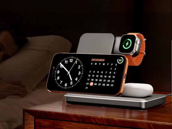 Dark ambient photo of a charging stand with smartwatch displaying analog clock face and digital calendar interface.