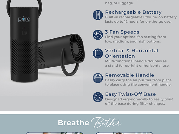 thoughtfully designed 3 fan speeds lightweight portable rechargeable battery handle stand base