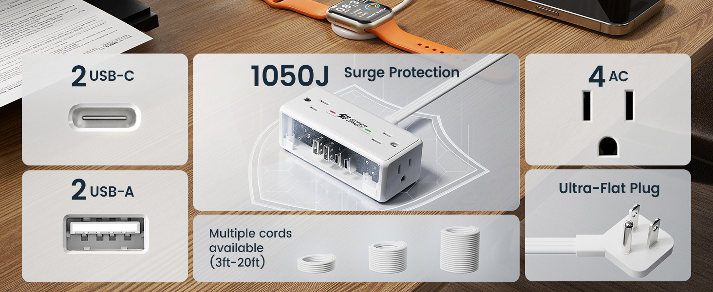 8-IN-1 Flat Plug Extension Cord Power Strip