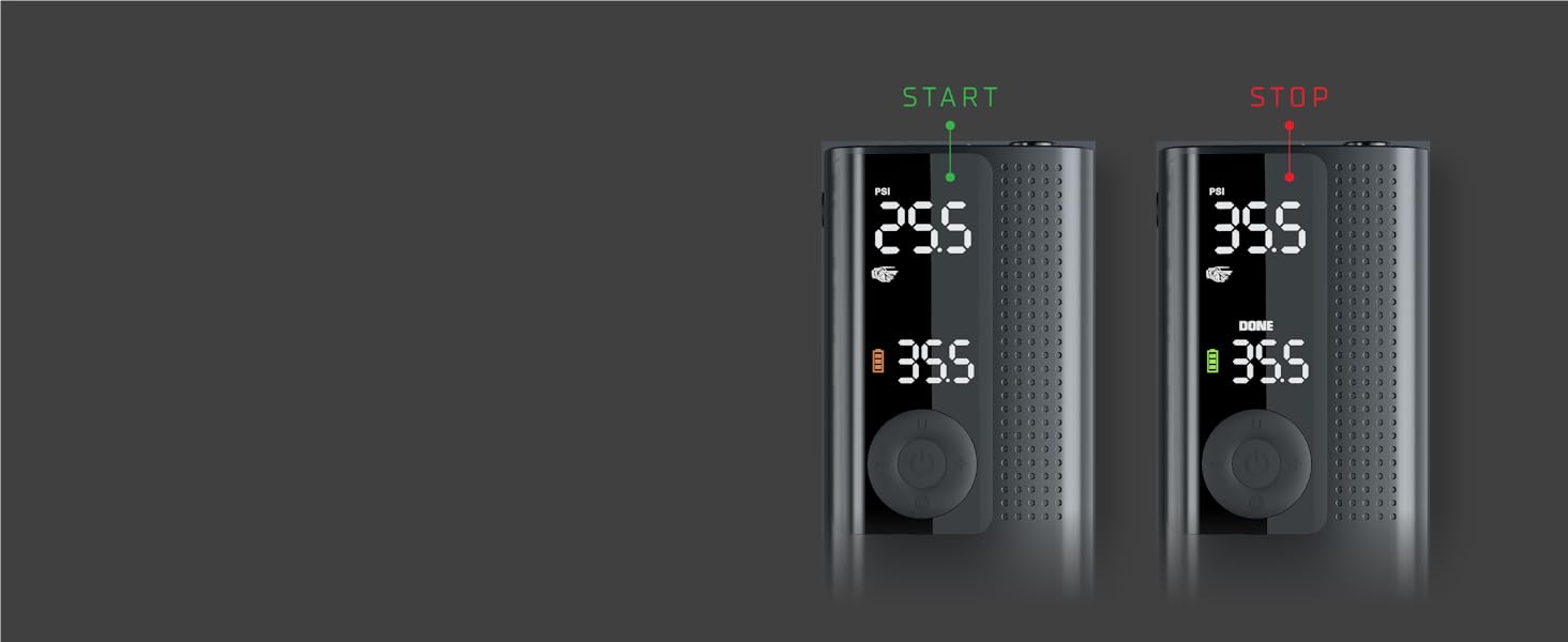 Portable air pump for tires shown filling up motorcycle tire in driveway