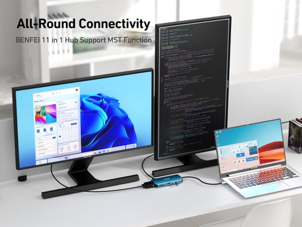 Multi-monitor setup with laptop, vertical monitor, and ultrawide display. Text mentions 'All-Round Connectivity' and '11 in 1 Hub Support MST Function', indicating advanced connectivity features.