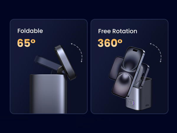 65W GaN Charging Station 3-Port with 15W Qi2 Wireless Charger Stand