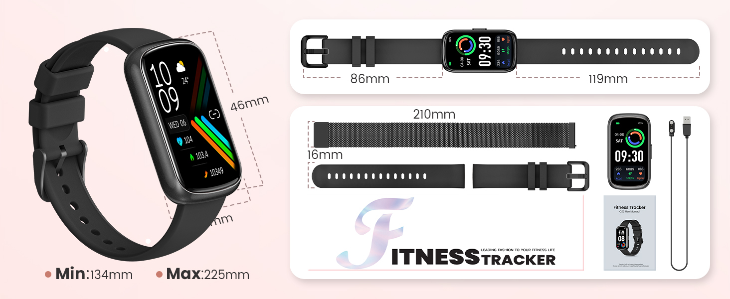 package includes:fitness tracker, 2 watch bands, charging cable, user manual