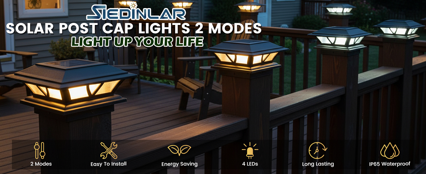 SIEDiNLAR Solar Post Cap Lights 2 Modes for 4x4,5x5,6x6 Wooden/Vinyl Posts